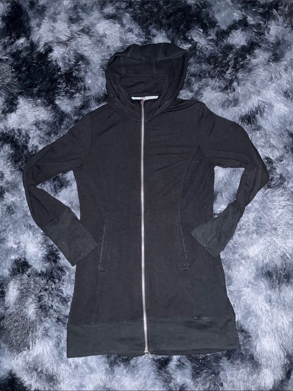 Women’s Black Hooded Zip-Up over coat jacket mondetta thumb holes size  M long